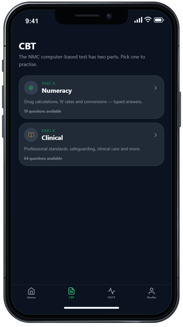 The ProHealth practice app's CBT screen, offering numeracy and clinical practice